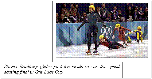 Steven Bradbury glides past his rivals to win the speed skating final in Salt Lake City
